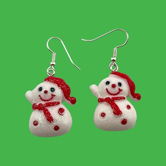 Sparkly Snowman Earrings White Snowman in Red Cap and Scarf - Picture 1 of 6